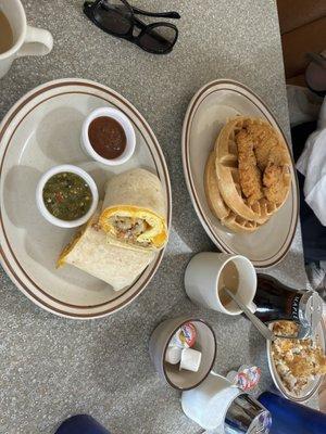 Chicken & Waffles Breakfast Burrito (no meat) green sauce and medium red. They have a chunky mild.