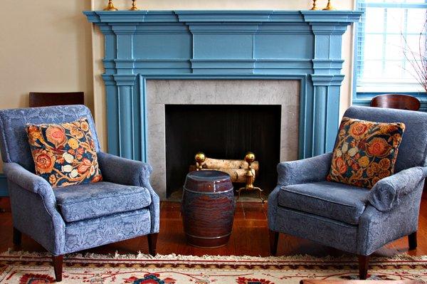 Beautiful fireside seating in the Blue Room at Wyndham