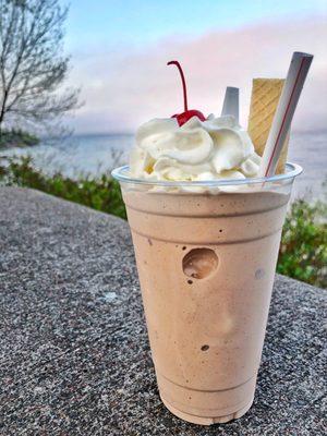 Dark Chocolate Malt Shake with a view