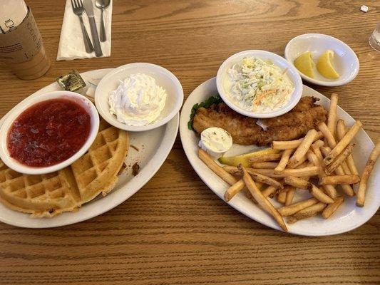 Strawberries and cream waffle and fried cod - Friday Fish Fry Special