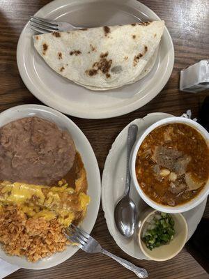 Cheese enchilada, menudo & barbacoa taco