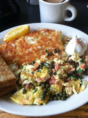 Smoked king salmon scramble. Delicious!!!!