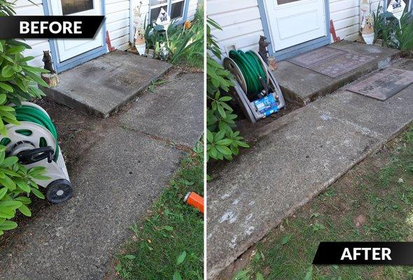 Before and after photos of a concrete walkway lift and repair project in Portland, Oregon.