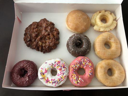 Apple Fritter, Cream cheese filled, Cake, 2x Glazed, Red Velvet, White Sprinkle, Pink Sprinkle, Chocolate cake