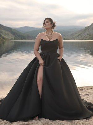 Beautiful Black Satin Ball Gown with an Extra Full Skirt that has Pockets and a Slit