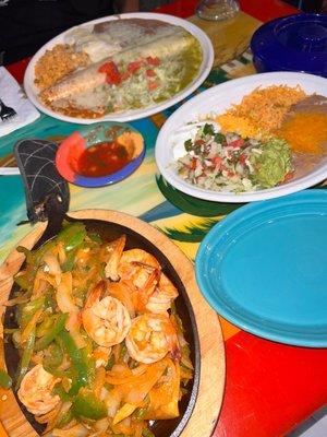 Enchiladas Divorciadas up top + shrimp fajitas