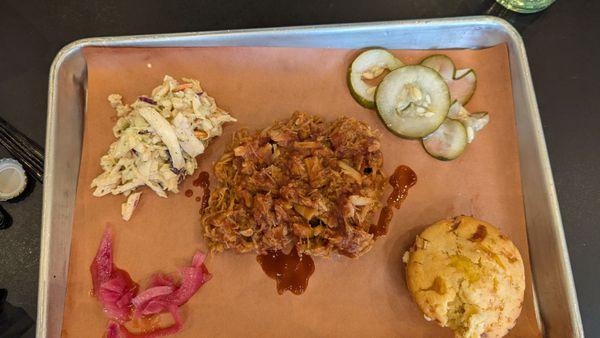 Pulled Jackfruit Platter with Coleslaw and Cornbread