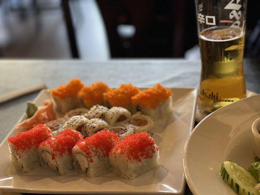 Beauty on the beach roll, spicy tuna roll and golden California roll