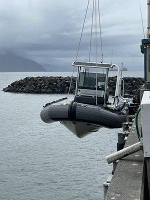 The Black Pear waiting to swing back ashore after our excursion