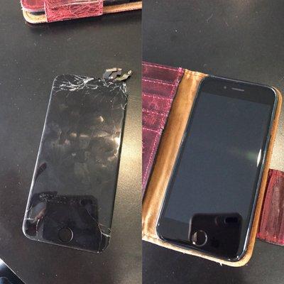 Before on the Left cracked Iphone 6 screen  After on the Right new screen !!!