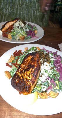 KALE CAESAR SALAD with blackened salmon