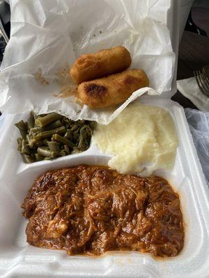 BBQ with green beans, mash potatoes, and their fabulous hot water corn bread!