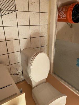 Toilet placed on broken tiles