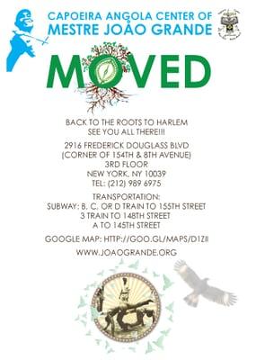 Capoeira Angola Center of Mestre Joao Grande NYC has relocated!! Visit us at our beautiful new location...