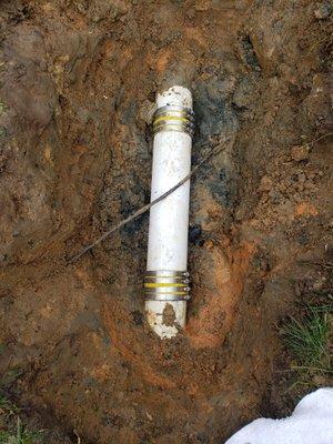 Quick repair of a main 4" line after the cable company accidentally punctured the line.