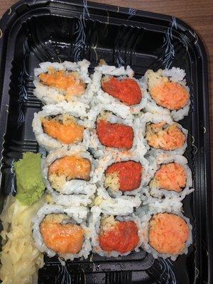 Spicy salmon crunch roll, Spicy crab crunch roll