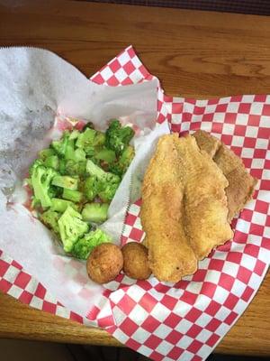 2 piece fish platter with steamed vegetables (broccoli) $6.92 with tax.