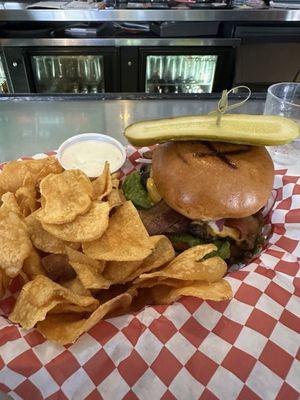 Bacon cheese burger with homemade chips