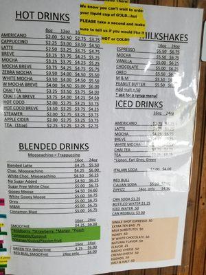 Menu of drinks