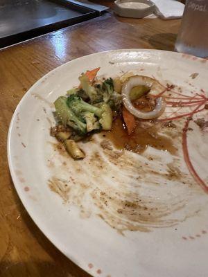 His total vegetable portion-notice there is nothing else on the plate because he served the vegetables 20 minutes after everything else!