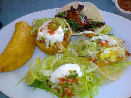 Fish taco, quesadilla, sope,  and Carne Asada taco