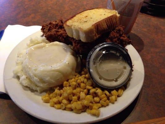 Steak fingers, lunch special, with mashed potatoes, corn and gravy