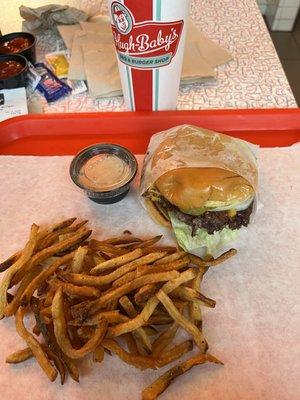 Hugh-Baby's double cheeseburger and fries.