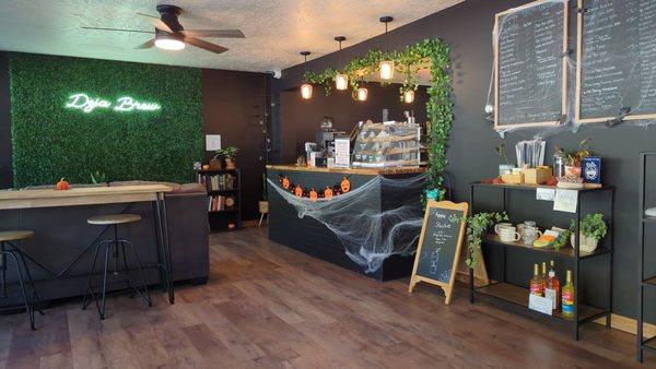 Interior decorated for Halloween with "spooky" inspired drinks