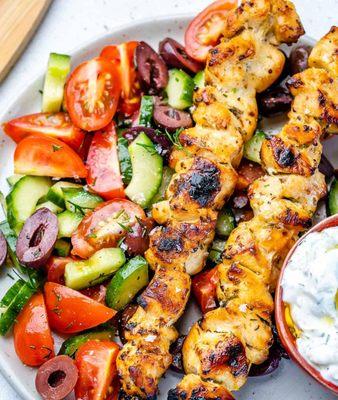 Chicken Souvlaki can also come with a Horiatiki (Greek village) salad.