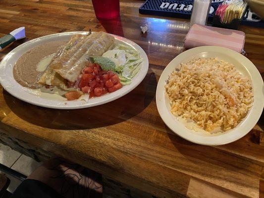 chicken Chimichanga with a side of rice