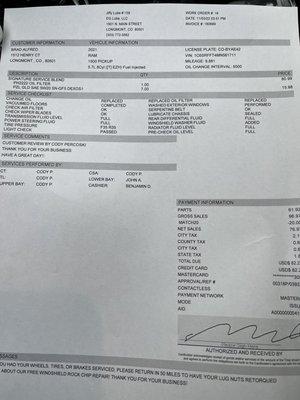 Invoice showing that it was vacuumed, and that the windshield was cleaned.