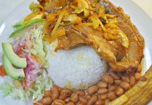 DELICIOSA CARNE DE RES COSINADA EN SU PROPIO JUGO ACOMPAÑADO CON ARROZ, FRIJOLES, ENSALADA Y MADURO