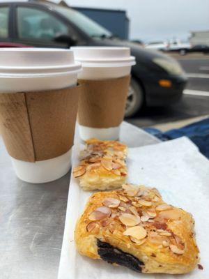 Fantastic lavender honey lattes & pastry called bearclaw.