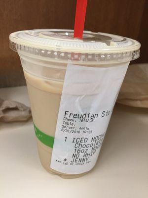 medium mocha, oh wait but no mocha because she "forgot the mocha" and she also "forgot" to fill my entire cup. come on freudian sip.