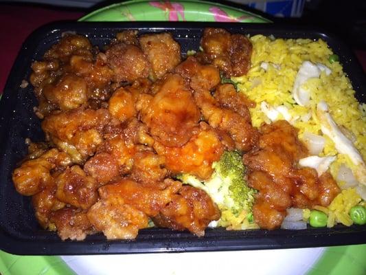 General Tso's combination plate with chicken fried rice.