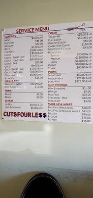 Menu - Prices