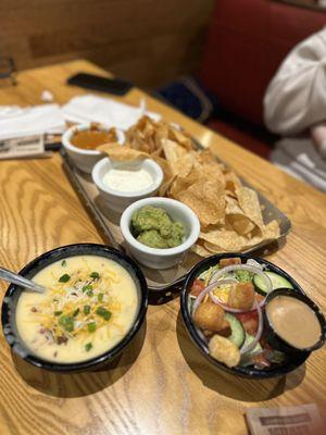 Dip Trio, baked potato soup, house salad