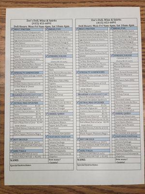 Sandwich order forms