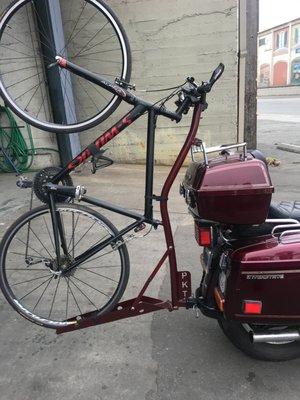 PKT fabrications designed a Custom bike rack which attaches to my Honda Goldwing motorcycle. You will not see this setup very often.