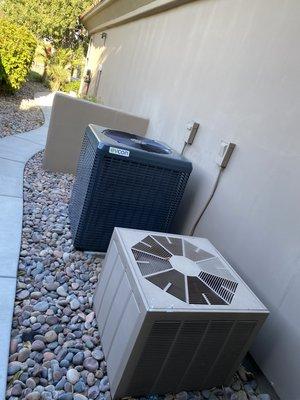 Before: 4 and 5 ton split system being removed for a 16seer heat pump conversion.