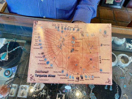 Map of where different turquoise comes from and one of the three display cases.