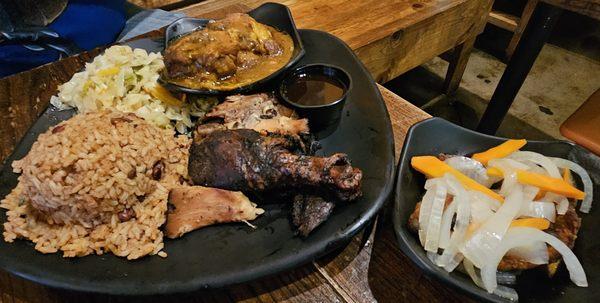 3 Meat Platter (lunch) - Jerk Chicken, Brown Stewed Chicken, Fish Fillet w/cabbage and rice & beans