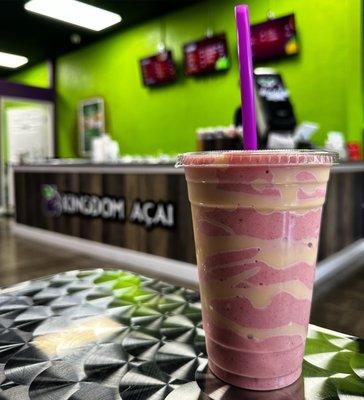 Our most delicious strawberry banana smoothie, made with fresh strawberries, ripe bananas, and a swirl of sweetened condensed milk on too