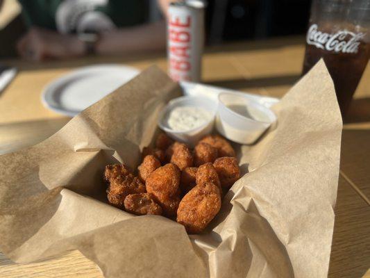 Buffalo cauliflower (get the homemade blue cheese dressing!)