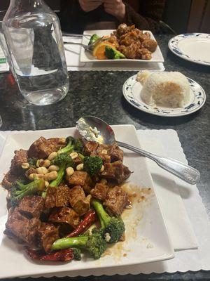 Kung pao tofu and orange chicken it's so beautiful I love mandarin gourmet