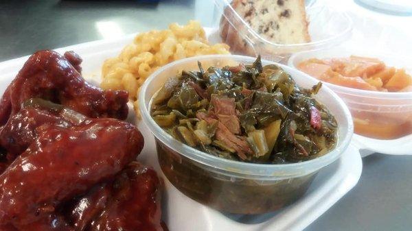 Collard Greens, BBQ Chicken Wings, Baked Mac-N-Cheese