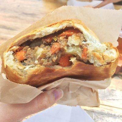 Inside the traditional pasty - it's dense & filling. I didn't care for some type of spice in the meat but my friend liked it.