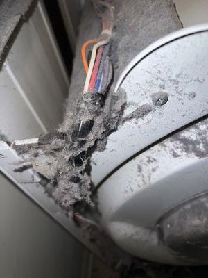 The interior of the dryer machine is filled with lint.