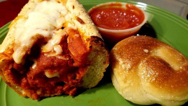 Chicken Parmigiana and a garlic knot.  So good!