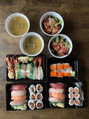 2 sushi plate lunch specials plus amaebi nigiri, hotate nigiri, cali maki